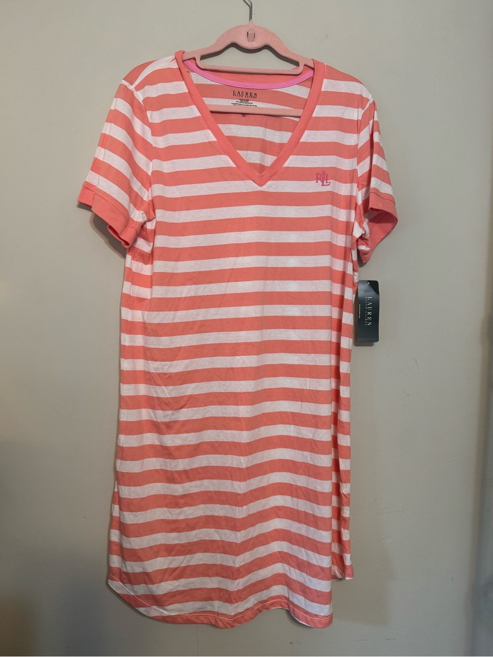 Ralph Lauren Pink & White Striped V-Neck Sleep Shirt Sz XL